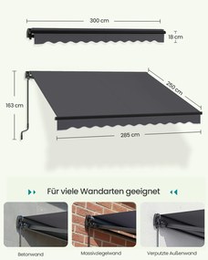 Toldo varanda articulado 300 x 250 cm com manivela para uma proteção solar fiável, cinzento