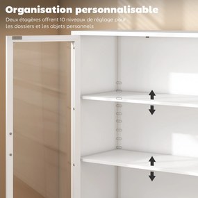 Armário de escritório 80 x 40 x 110 cm com 2 portas de vidro, 2 prateleiras ajustáveis, móvel de arrumação para escritório em aço, branco