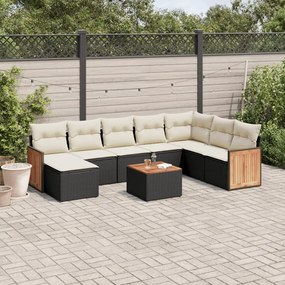 9 pcs conjunto de sofás p/ jardim c/ almofadões vime PE preto