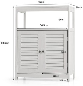 Armário de casa de banho com porta de obturador duplo e prateleira ajustável para sala de estar Quarto 60 x 30 x 80,5 cm  Branco