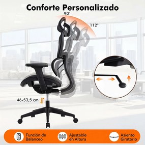 Cadeira de Escritório Ergonómica, 69,5 x 70 x 115-123 cm, Encosto Reclinável, Preto