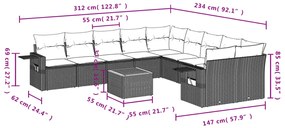 11 pcs conjunto sofás de jardim c/ almofadões vime PE preto