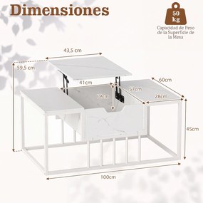 Mesa de Centro, 100 x 60 x 45 cm, Elevável com Arrumação Oculta, Branco