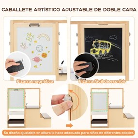 Conjunto de mesa e banco de arte para crianças com cavalete ajustável de dupla face, quadro magnético e rolos de papel substituíveis Castanho