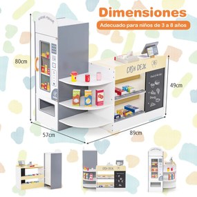 Supermercado de madeira para crianças com caixa registadora e máquina de venda automática POS para crianças dos 3 aos 8 anos de idade Branco