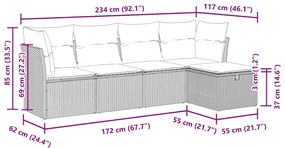 5 pcs conjunto sofás de jardim com almofadões vime PE preto