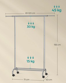 Guarda roupa com Rodas 40 x (83-120) x 156 cm, carregável até 45 kg, Cinzento