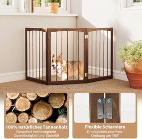 Barreira de segurança para cães em 3 partes, barreira de madeira, barreira para escadas com 76 cm de altura, dobrável, Castanho.