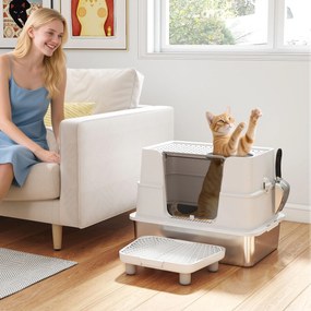 Caixa de areia XL em aço inoxidável para gatos de grande porte, tampa giratória a 100°, pá, 60,2 x 40,2 x 44,5 cm, cinzento claro