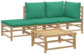 4 pcs conjunto lounge de jardim bambu c/ almofadões verdes