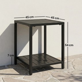 Mesa de centro de exterior de 2 níveis em metal 45 x 45 x 54 cm, mesa de jardim quadrada com prateleira de arrumação, preta