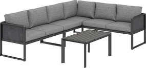 Outsunny Conjunto de Sofá de Canto para Jardim em Metal, 3 Poltronas, Mesa com Efeito Madeira, Cinza Escuro | Aosom Portugal
