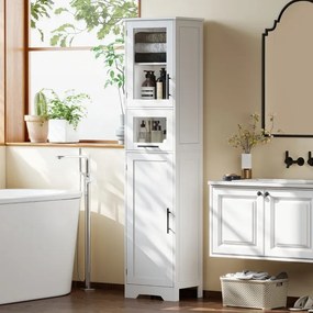 Coluna Casa de Banho com Porta de Vidro Prateleiras Ajustáveis Gaveta para Espaços Pequenos 40x31x170 cm Branco