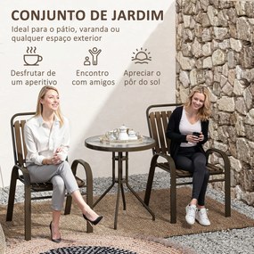 Conjunto de Jardim de 3 Peças com 2 Cadeiras Empilháveis Mesa com Bancada de Vidro Temperado Castanho Escuro