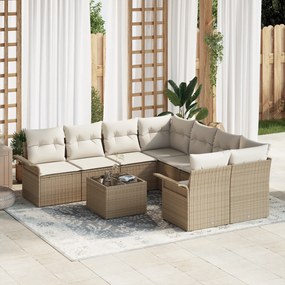 Conjunto de Sofá de Jardim de 9 Peças com Almofadas Bege de Vime Poliéster