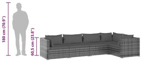 5 pcs conjunto lounge de jardim c/ almofadões vime PE cinzento