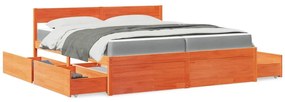 vidaXL Cama com gavetas e colchão 200x200 cm pinho maciço castanho-mel