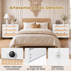 Cómoda de 3 Gavetas, 75 x 35 x 77,5 cm, Frentes com Imitação de Vime, Branco