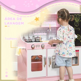 Cozinha de Brincar para Crianças acima de 3 anos Cozinha Infantil de Madeira com Acessórios Máquina de Gelo Ardósia e Telefone 83,8x26,8x81 cm Rosa