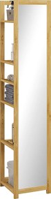 Armário de coluna para casa de banho com 6 prateleiras em bambu com espelho, 6 prateleiras, natural, 35 x 35 x 168 cm