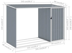 Abrigo de lenha jardim 245x98x159 cm aço galvanizado cinzento