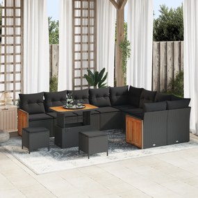Conjunto de Sofás de Jardim de 12 peças com Almofadas Preto Vime Acácia