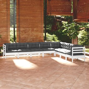 vidaXL 8 pcs conj. lounge de jardim c/ almofadões pinho maciço branco