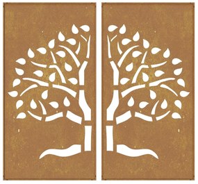 Decoração muro de jardim 2pcs 105x55cm aço corten design árvore