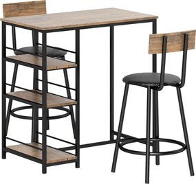 HOMCOM Conjunto de jantar 3 peças com mesa alta e 2 banquetas, conjunto compacto para cozinha com prateleiras laterais, MDF, metal, preto | Aosom Portugal