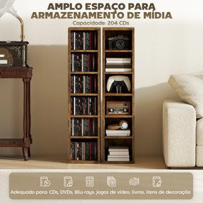Conjunto de 2 Estantes para CDs e DVDs com 12 Compartimentos Prateleiras Ajustáveis 21x22,5x88,5 cm Castanho Rústico