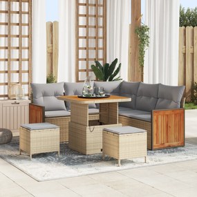 Conjunto de Sofá de Jardim de 8 Peças com Almofadas Bege Vime Poliéster Acácia