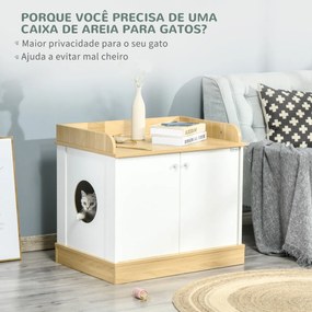 Casa para Gatos de Madeira Móvel Caixa de Areia para Gatos 2 em 1 com Bancada de Armazenamento Dupla Porta e Orifício de Entrada Lateral 75x53x67cm Br