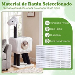 Arranhador para gatos 35,5 x 47 x 110 cm em rattan PE com postes de sisal, almofada felpuda, bola suspensa, 2 entradas, casinha em forma de cordeiro,