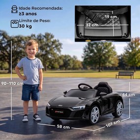 Carro Elétrico Infantil 2 a 5 anos Audi R8 Spider12 V com Comando à Distância 2,4 GHz 2 Motores Arranque Suave e Suspensão Traseira Preto
