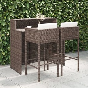 3 pcs conjunto de bar p/ jardim com almofadões vime PE castanho