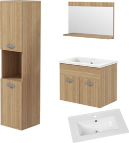 kleankin Conjunto de Móveis Casa de Banho 3 Peças com Espelho Móvel com Lavatório Cerâmico e Coluna de Casa de Banho Madeira | Aosom Portugal