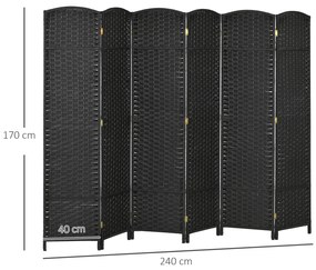 Biombo de 6 Painéis Separador de Ambientes Dobrável 240x170 cm para Sala de Estar Dormitório Escritório Preto