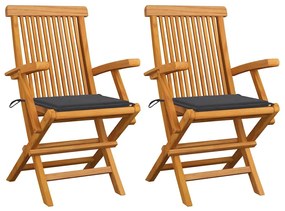 Cadeiras de jardim c/ almofadões antracite 2 pcs teca maciça