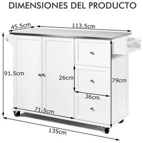 Carrinho de ilha de cozinha com bancada em aço inoxidável Estantes ajustáveis Gavetas 135 x 45,5 x 91,5 cm Branco