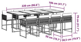 9 pcs conjunto de jantar p/ jardim c/ almofadões vime PE cinza