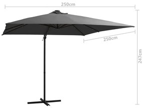 Guarda-sol cantilever luzes LED/poste aço 250x250 cm antracite