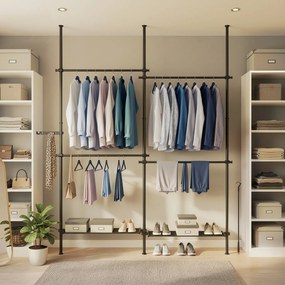 Guarda Roupa de 3 níveis, ajustável em altura e largura aberto com 4 varões e 2 prateleiras 33,5 x (162-238) x (220-300) cm preto