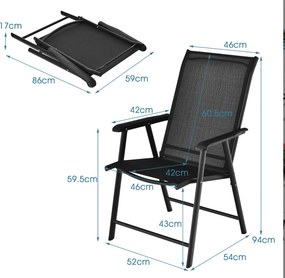 Conjunto de 2 cadeiras dobráveis e portáteis para jardim, campismo, praia, varanda, com apoios para os braços, 68 x 59 x 94 cm, preto
