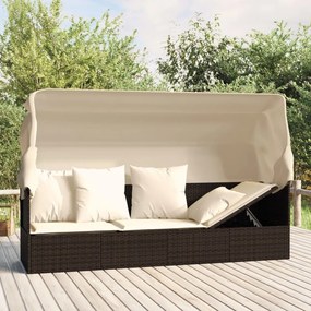 vidaXL Sofá lounge de exterior c/ toldo e almofadões vime PE castanho