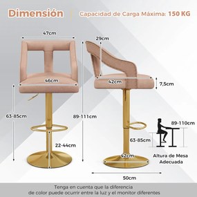 Conjunto de 2 bancos de bar giratório ajustável com apoio para os pés Base metálica tipo holandeses em veludo Rosa e dourado