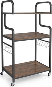Suporte para impressora portátil 60 x 40 x 110 cm de 3 níveis com rodas, 10 ganchos em S, estrutura metálica Castanho rústico + Preto