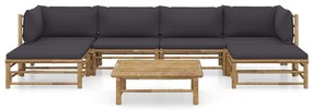 7 pcs conj. lounge jardim em bambu c/ almofadões cinza-escuro