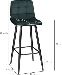 Conjunto de 2 bancos de bar, com assento em veludo acolchoado e pés em aço, altura 77 cm, verde escuro