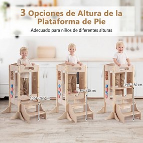 Torre de Aprendizagem Infantil Dobrável, 83,5 x 73 x 93 cm, 3 Níveis Ajustáveis, Natural