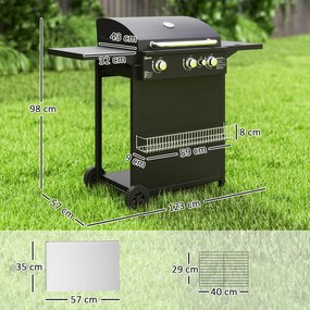 Grelhador a gás com 3+1 queimadores em aço, potência de 9,5 kW, churrasqueira de jardim com 2 grelhas e prateleiras laterais, 2 rodas, preta